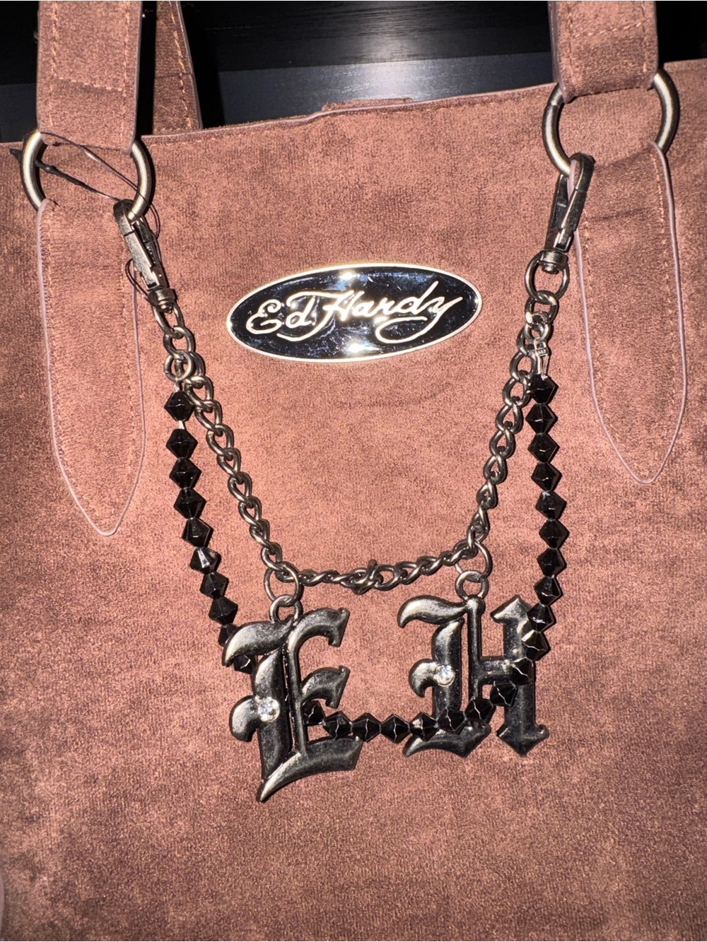 Ed Hardy Brown Suede Shoulder Bag with Black Beaded 'E H' Chain